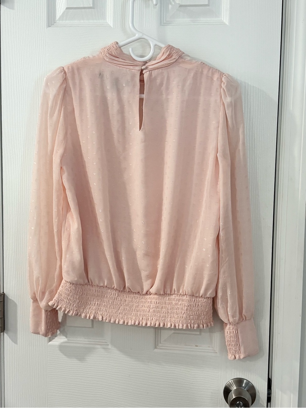 🐞White House Black Market Blush Sheer Dotted Ruffle-Neck Blouse - Picture 3 of 9